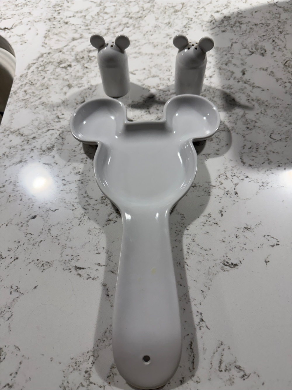 White Ceramic Mickey-Style Spoon Rest with Matching Shakers